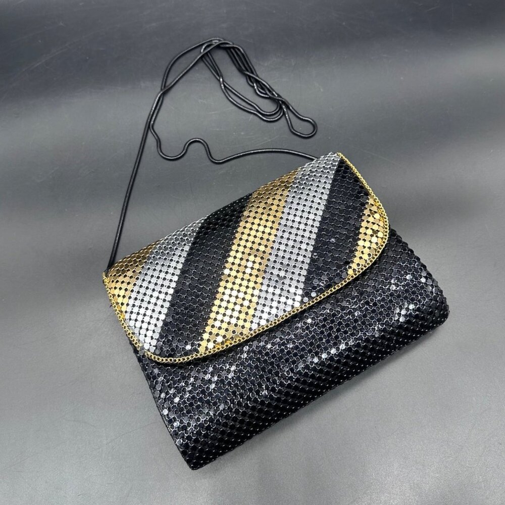 Vintage Shoulder Bag Clutch Purse Black Gold Silver Striped Metal Mesh 90s Glam